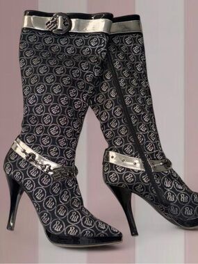 Gorgeous Y2K Rocawear Black and Silver Monogram Knee High Boots